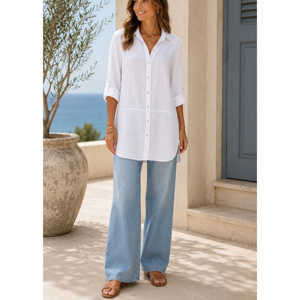 Tahari 100% Linen White Tunic Shirt Button Front  Roll Tab Sleeves Coastal Sz S